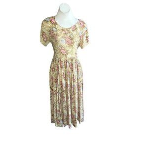 Jane Ashley Vintage 90s Gold Beaded Floral Grunge Back Tie Dress Size Small